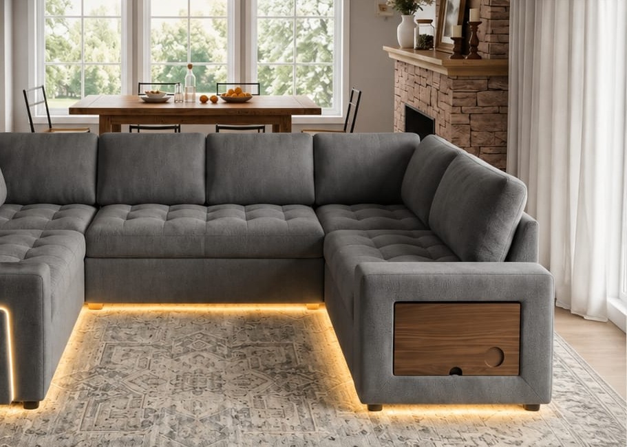 A large grey modular sectional arranged in a U around a living room