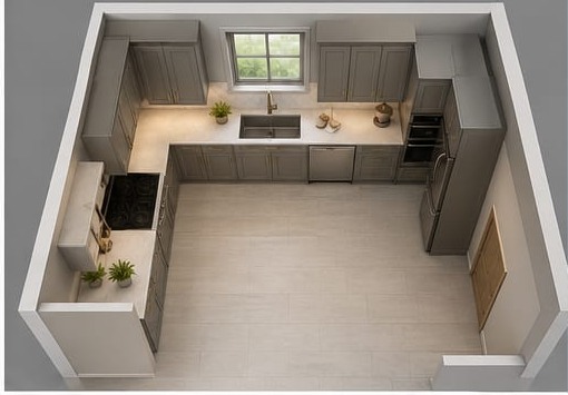 A cutaway three-dimensional view of the fitted kitchen layout